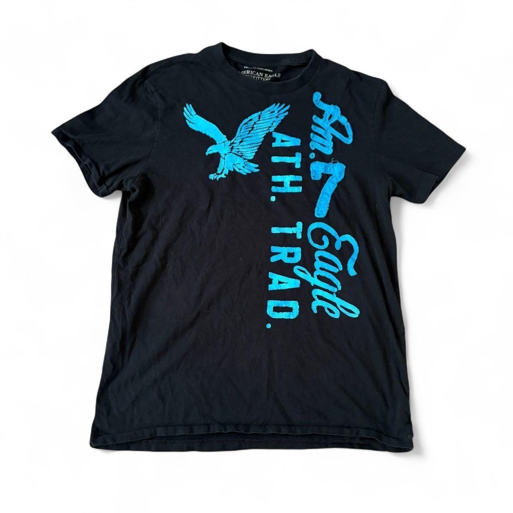 American Eagle Outfitters Mens Black Blue Graphic T-Shirt Large AEO 77 Ath Trad